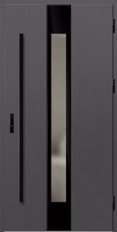 Modern gray door with a reflective glass panel