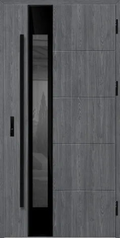 Modern front door with glass panel and black handle