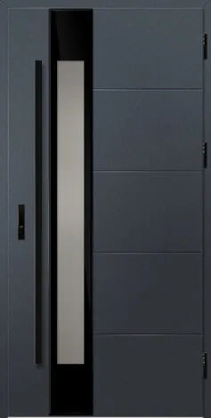 Modern gray external door with a sleek handle design