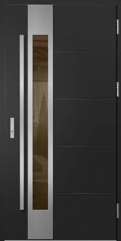 Modern black door with a metallic handle and glass panel
