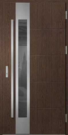 Front door with glass panel and metallic handle