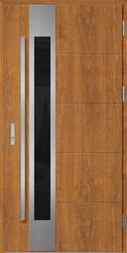 Modern front door with metallic handle and glass panel