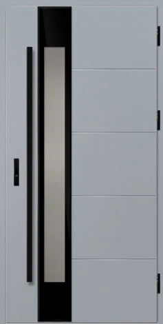 Modern door design with vertical black frame and glass panel on a light gray background