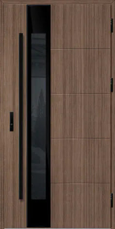 Front door with glass panel and black handles