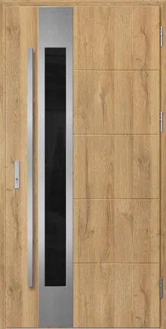 Front door with glass panel and metallic handle