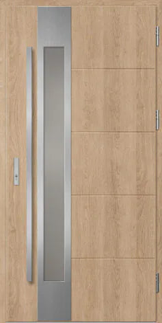 Front door with metallic handles and glass panel