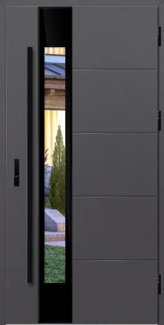 Modern gray door with a glass panel showing a garden view