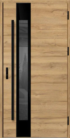 Front door with glass panel and black frames