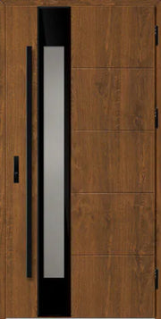 Modern front steel composite door with a glass panel and black accents