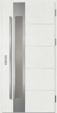 Modern white door with glass panel and metallic handle on a white background