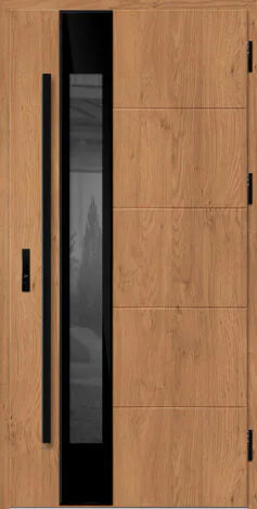 Modern steel composite front door with a glass panel and black frames