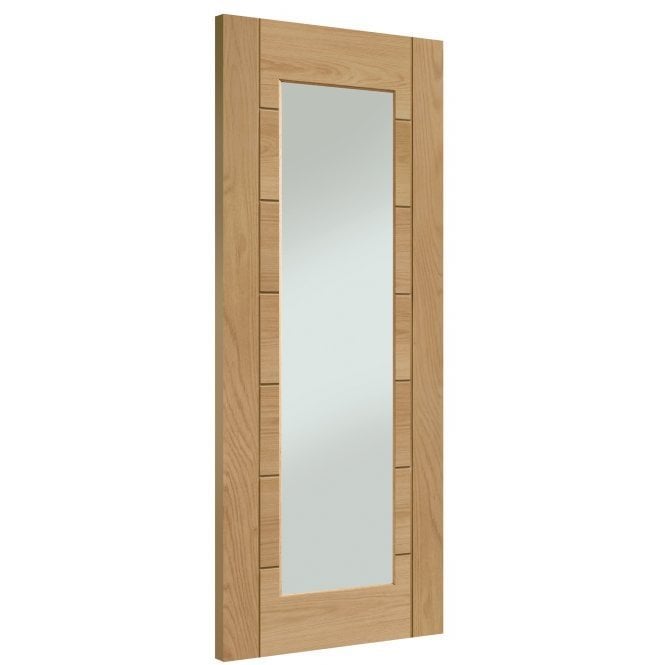 Wooden door with a glass panel on a white background