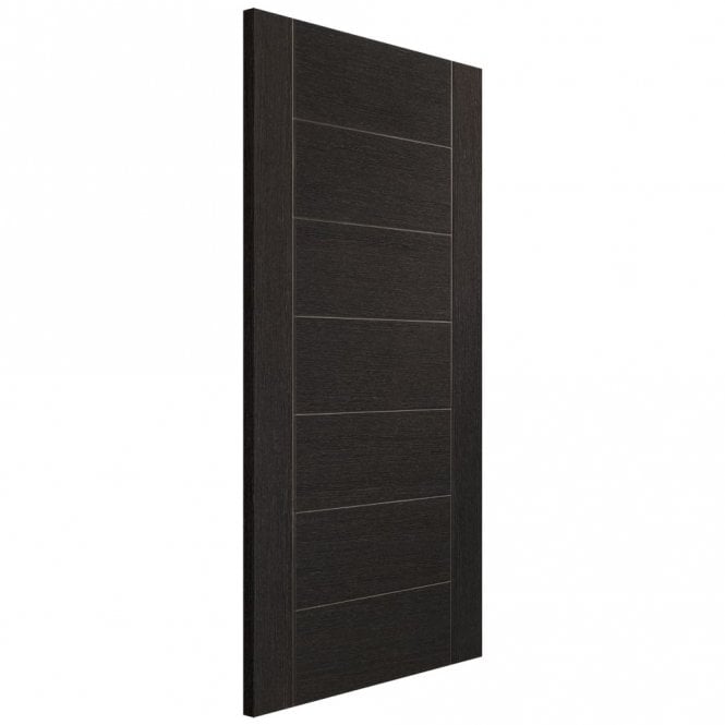 Dark grey paneled door on a white background