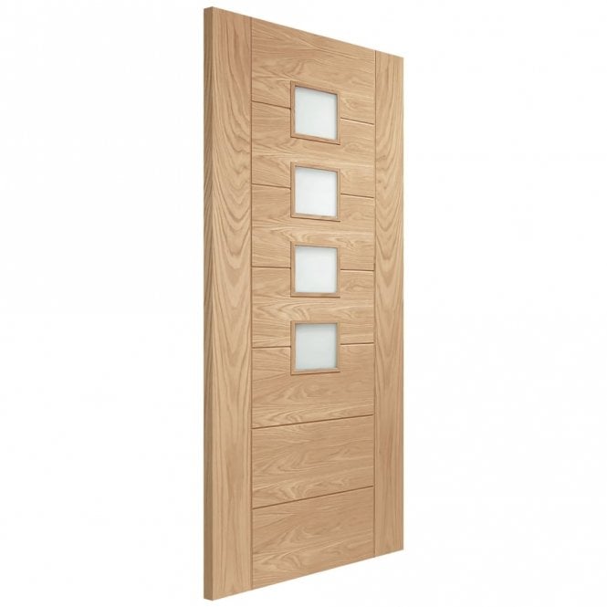 Wooden door with glass panels on a white background
