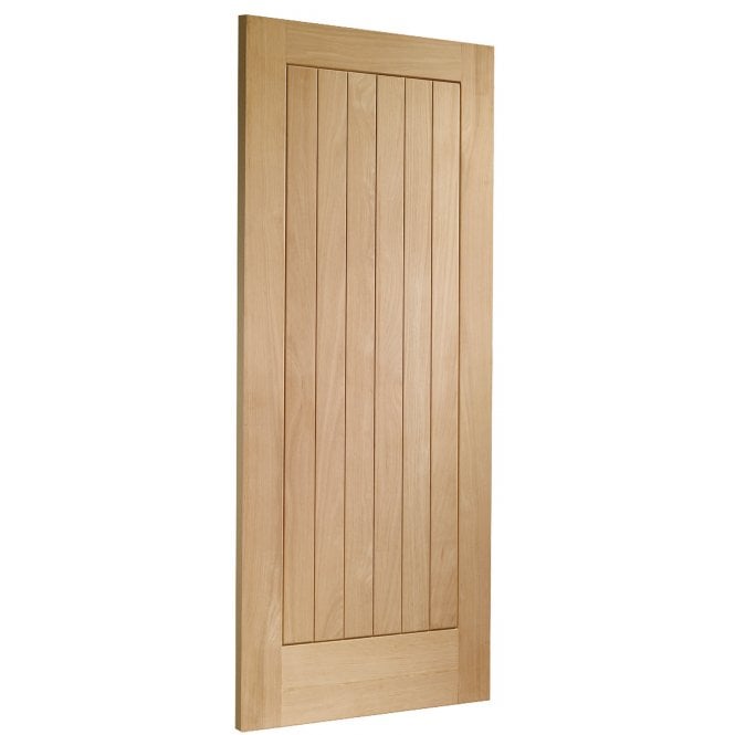 Wooden door with vertical slats on a white background